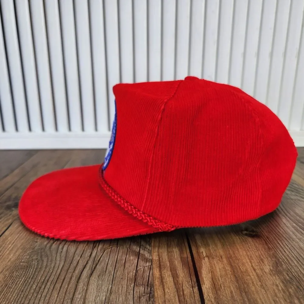 VTG Harry Gaines Kenai River Fishing Guide Patch Strapback Hat Red Corduroy Rope